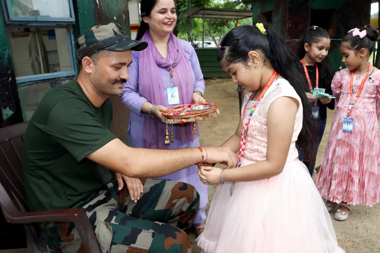 A student ties Rakhi to an Army personnel ahead of the Raksha Bandhan festival
