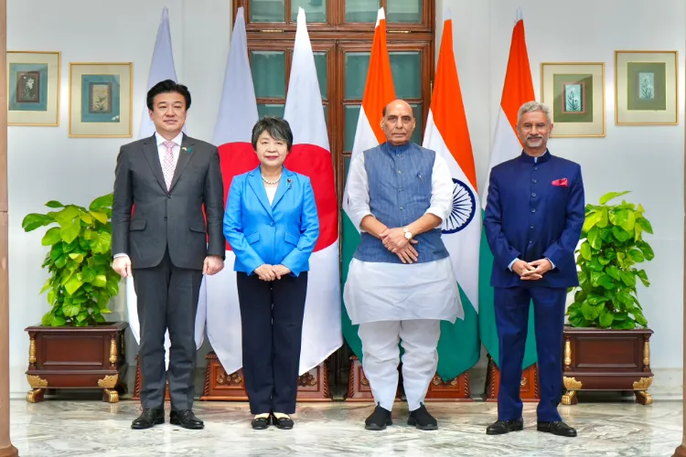 Japan's Defence Minister Minoru Kihara, Foreign Minister Kamikawa Yoko and Indian Defence Minister Rajnath Singh and External Affairs Minister Dr S Jaishankar