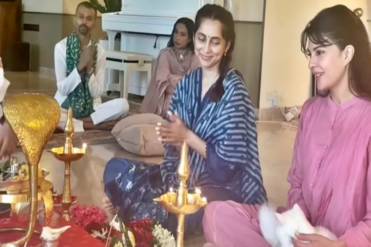 Jacqueline Fernandez and Anushka Dandekar performing Rudrabhishek Puja