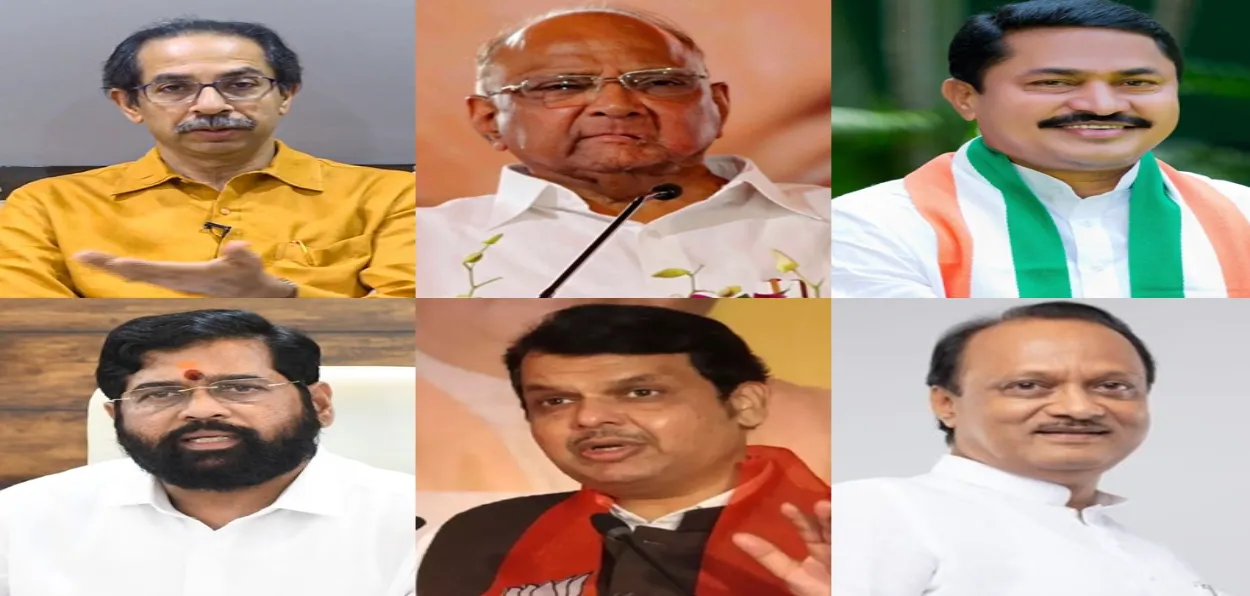 Maharashtra political leaders: from top Clockwise) Udhaav Thackrey, Sharad Pawar, Nana Patole, Eknath Shinde Devendra Fadnavis, and Ajit Pawar 