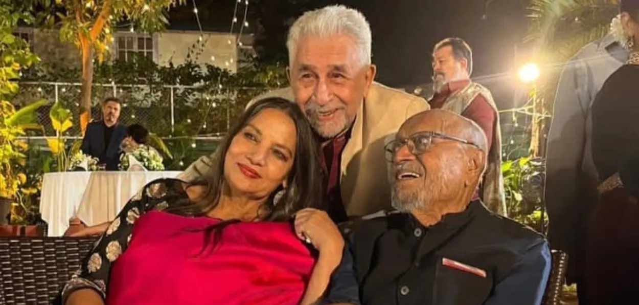 Film Director Shyam Benegal seen with actors Naseerudin Shah and Shabana Azmi on his last birthday