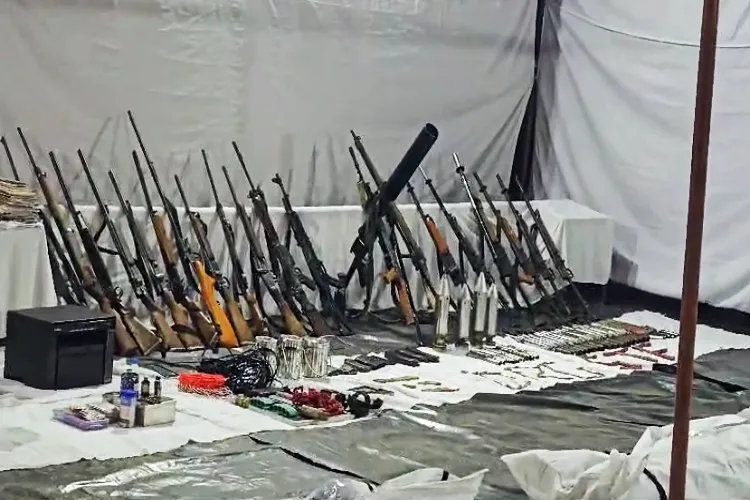 Bodies of Naxals and recovered Arms and Ammunition during an encounter in the forests under the National Park area brought to District Headquarters by security forces in Bijapur (File photo)