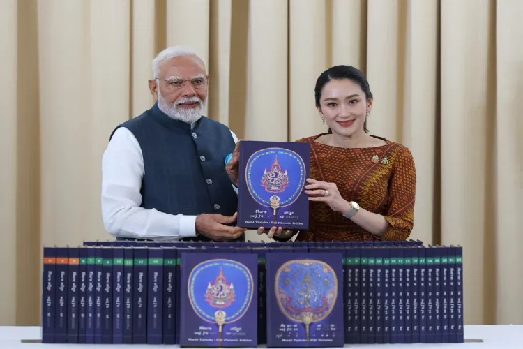 Thai PM Paetongtarn Shinawatra presenting PM Modi 80-volume 'World Tipitaka: Sajjhaya Phonetic Edition' in a gesture celebrating the deep cultural and religious ties between India and Thailand