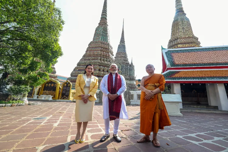 PM Modi accompanied by the Prime Minister of Thailand, Paetongtarn Shinawatra during his visit to the Wat Pho Temple in Thailand on Friday