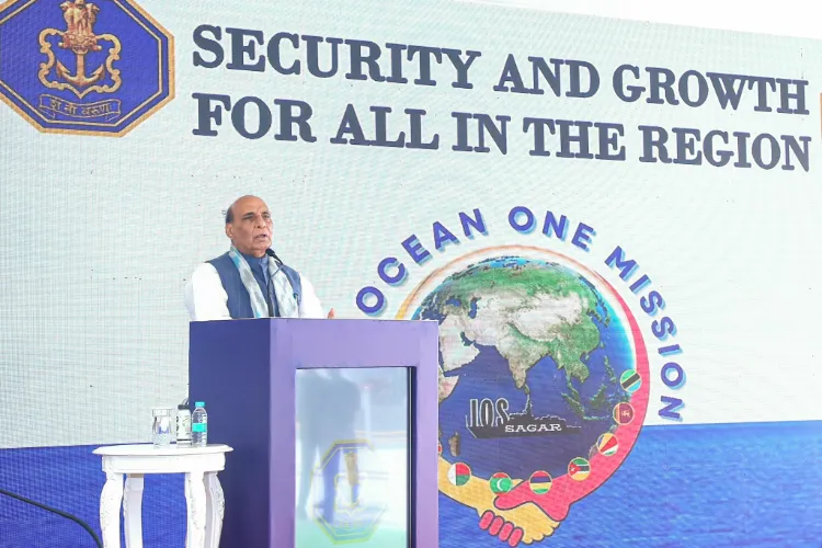 Defence Minister Rajnath Singh speaks during the flagging off of INS Sunayna as IOS SAGAR at Karwar Naval Base in Uttara Kannada on Saturday