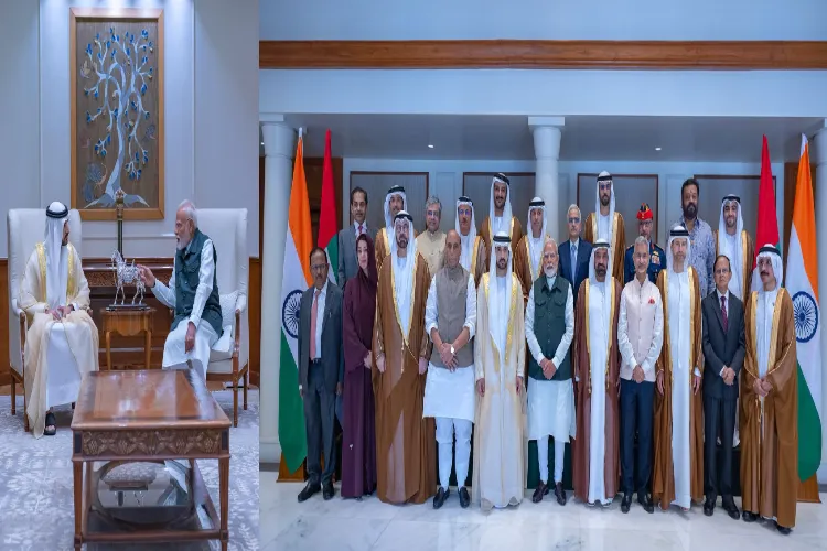 Dubai Crown Prince Sheikh Hamdan Bin Mohammed Al Maktoum along with his delegation posing with PM Modi during his ongoing visit to Indiawith Prime Minister Narendra Modi in New Delhi.