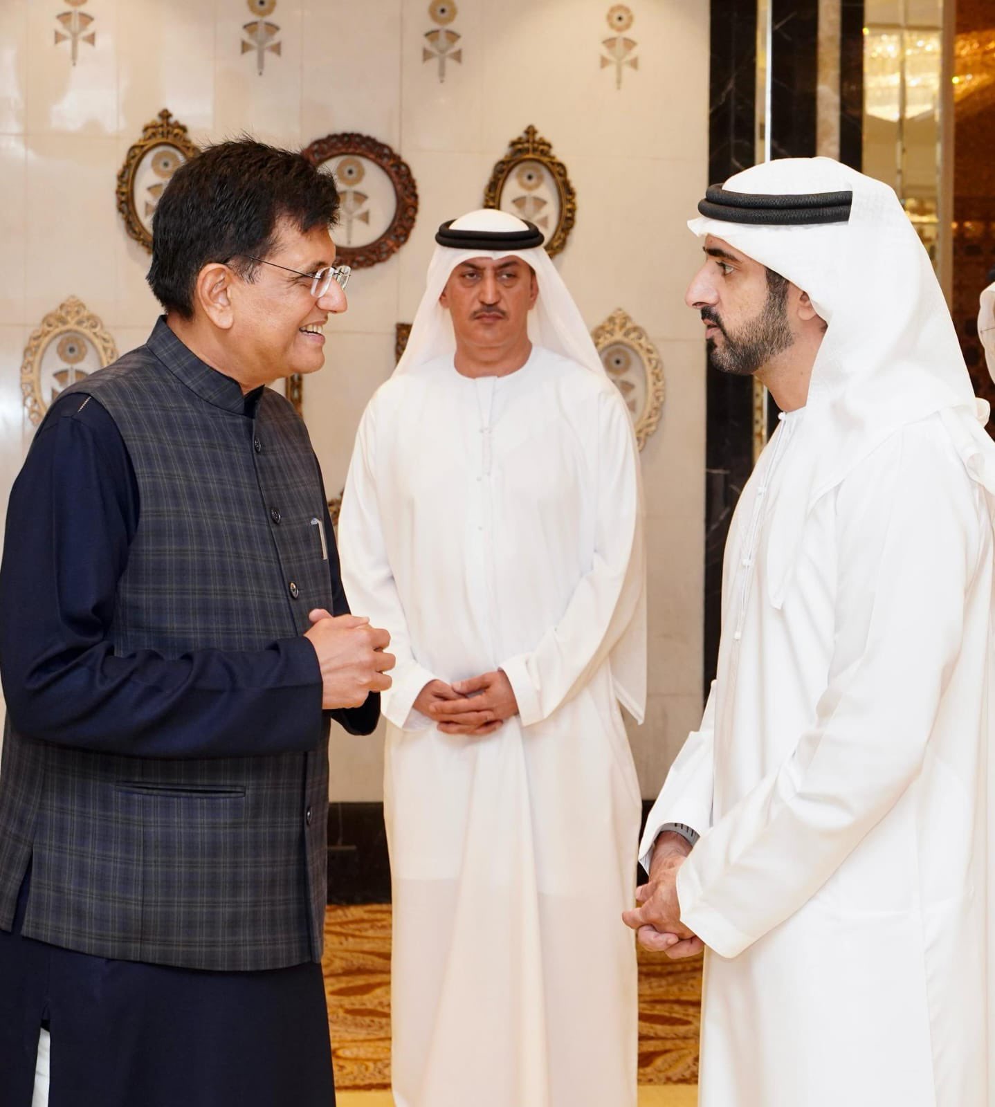 Union Minister of Commerce and Industry Piyush Goyal with Dubai's Crown Prince Sheikh Hamdan bin Mohammed bin Rashid Al Maktoum