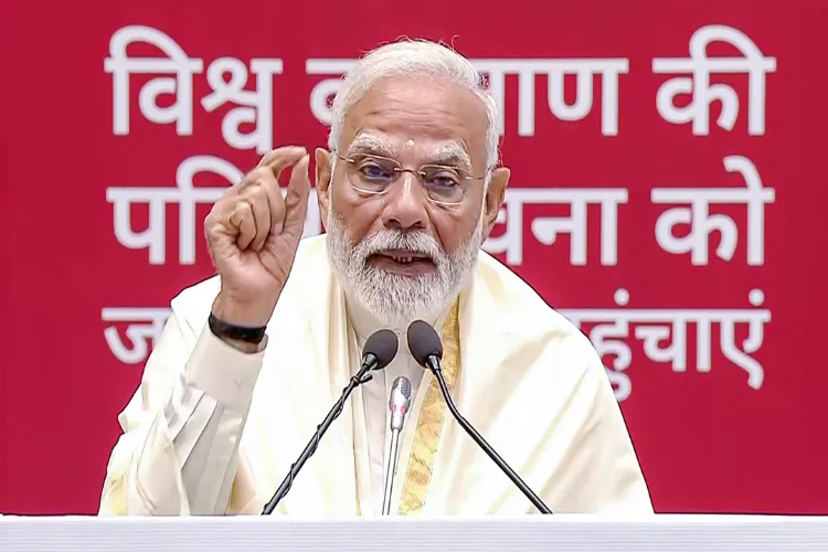 Prime Minister Narendra Modi addresses during the 'Navkar Mahamantra Divas' programme at Vigyan Bhawan in New Delhi on Wednesday