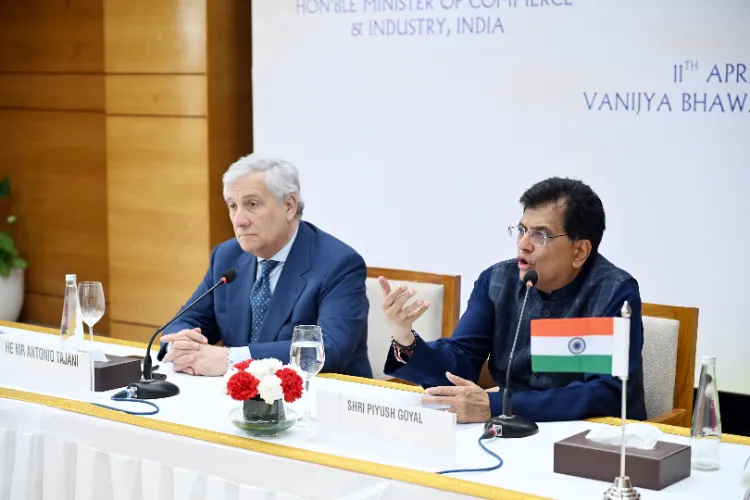  Union Commerce and Industry Minister Piyush Goyal and Italy Deputy Prime Minister and Minister of Foreign Affairs and International Cooperation Antonio Tajani during a joint press conference, at Vanijya Bhawan in New Delhi on Friday