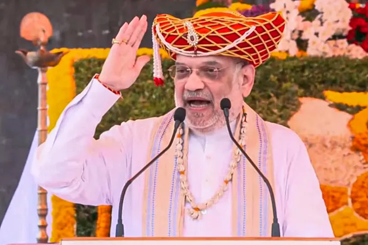 Union Home Minister Amit Shah addresses the gathering during a program on Chhatrapati Shivaji Maharaj's death anniversary at Raigad Fort on Saturday.