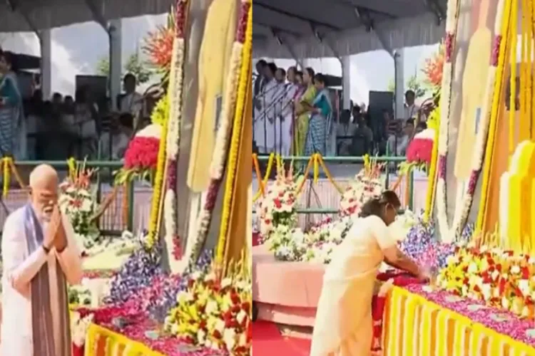 Prime Minister Narendra Modi and President Droupadi Murmu paying tributes to Dr B R Ambedkar