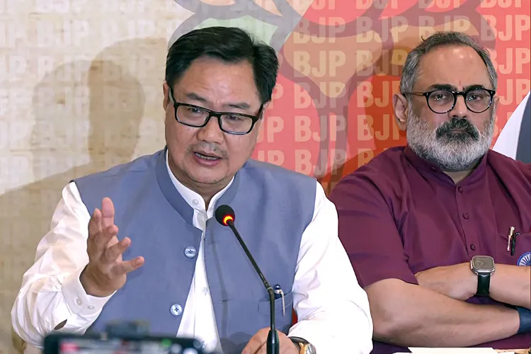 Union Parliamentary Affairs Minister Kiren Rijiju addresses a press conference on Waqf Act, in Kochi on Tuesday. 