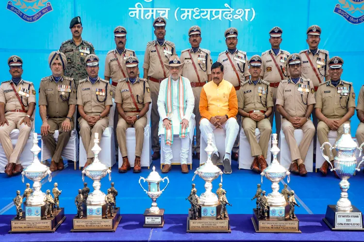 Union Home Minister Amit Shah, Madhya Pradesh Chief Minister Mohan Yadav and others during a group photo at the Central Reserve Police Force's (CRPF) Raising Day function in Neemuch, Madhya Pradesh, on April 17, 2025. 
