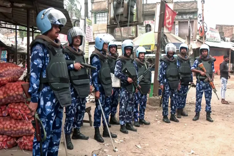 Security personnel deploy at Dhuliyan of Jangipur subdivision following violence that broke out during a protest against Waqf (Amendment) Act 2025 in Murshidabad.