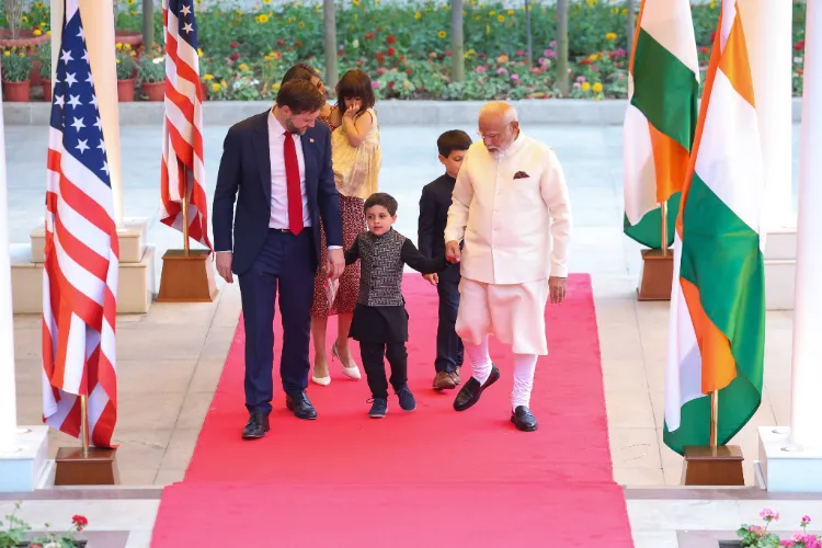 Prime Minister Narendra Modi with the US Vice President JD Vance, his wife Usha Vance and children at his residence