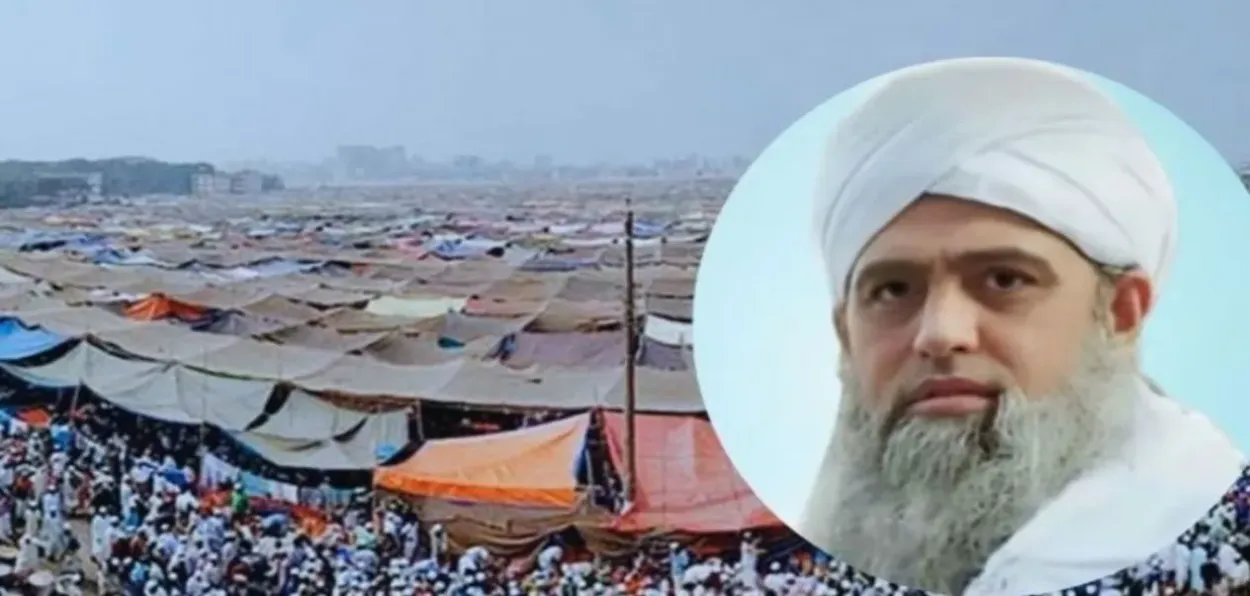 Maulana Saad Kandhlawi (inset) with tented city for Tablighi Jamaat convention art Nuh in the backdrop