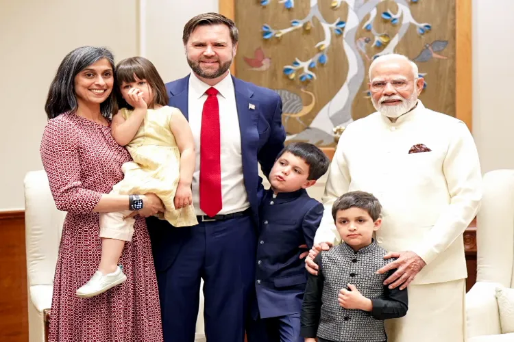 Prime Minister Narendra Modi poses for a picture with US Vice President JD Vance and Second Lady Usha Vance and their children Ewan, Vivek & Mirabel to his official residence 7, Lok Kalyan Marg, in New Delhi on Monday.