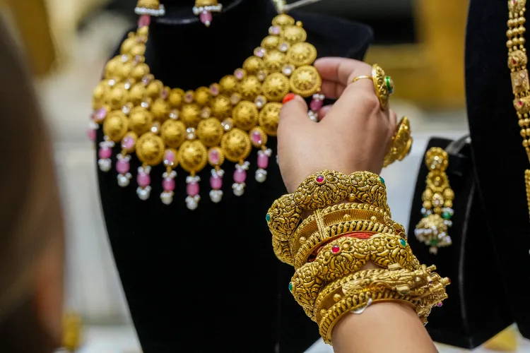 Gold ornaments on display at a jewellery showroom in New Delhi. (Representational image)