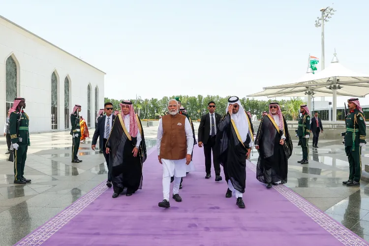 Prime Minister Narendra Modi receives a warm welcome on his arrival in Jeddah, Saudi Arabia, on Tuesday.