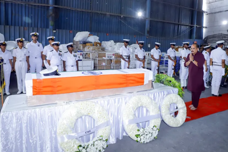 Delhi Bharatiya Janata Party President Virender Sachdeva pays his last respects to Lieutenant Vinay Narwal of the Indian Navy, who died in the Pahalgam terror attack, in New Delhi on Wednesday.