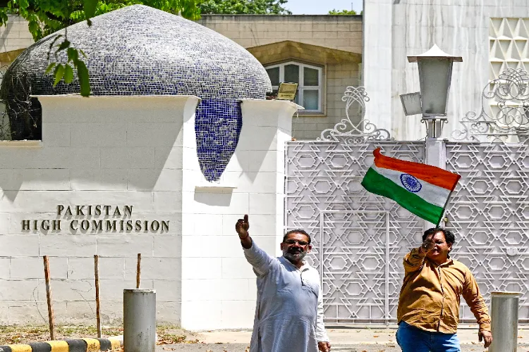 People stage a protest in front of Pakistan High Commission against the Pahalgam terror attack, in New Delhi on Thursday.