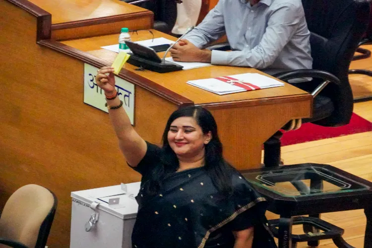 BJP MP Bansuri Swaraj during voting for Delhi Mayor and Dy Mayor elections at the MCD building in Delhi on Friday.