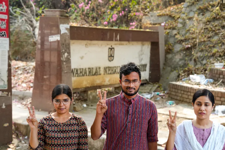 JNUSU newly-elected President Nitish Kumar (Centre) with Vice President Manisha (Left) and General Secretary Munteha Fatima (Right)