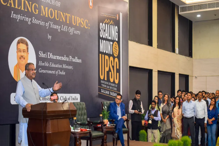  Union Education Minister Dharmendra Pradhan addresses a gathering during the launch of the book 'Scaling Mount UPSC: Inspiring Stories of Young IAS Officers, at the Constitution Club of India in New Delhi, April 28, 2025.
