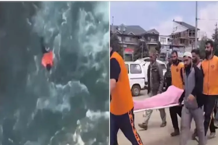 Man jumping into river (drone footage); body being taken for hospital