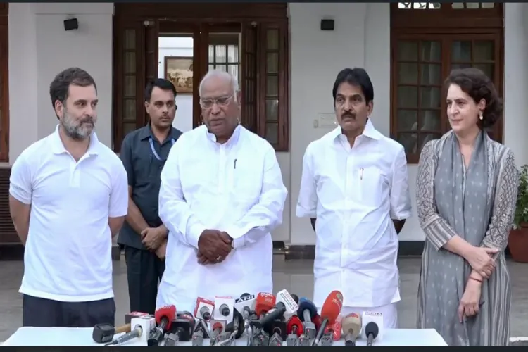 Congress leaders Rahul Gandhi Mallikarjun Kharge and Priyanka Gandhi