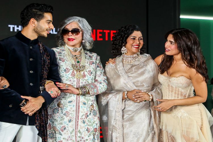 Actors Ishan Khattar, Zeenat Aman, Sakshi Tanwar and Bhumi Pednekar pose during the success party of film producer Dinesh Vijan's production house Maddock Films, in Mumbai