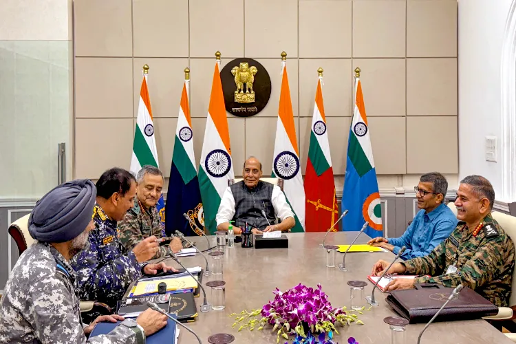 Defence Minister Rajnath Singh holds a meeting with CDS Gen. Anil Chauhan, Army Chief Gen. Upendra Dwivedi, Navy Chief Admiral Dinesh K. Tripathi and IAF Chief Air Chief Marshal A.P. Singh, in New Delhi