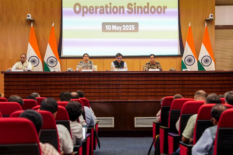 Foreign Secretary Vikram Misri with IAF officer Wing Commander Vyomika Singh and Army's Colonel Sofiya Qureshi during a press conference