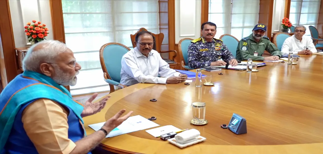 Prime Minister Narendra Modi and NSA Ajit Doval with three service Chiefs during Operation Sindoor