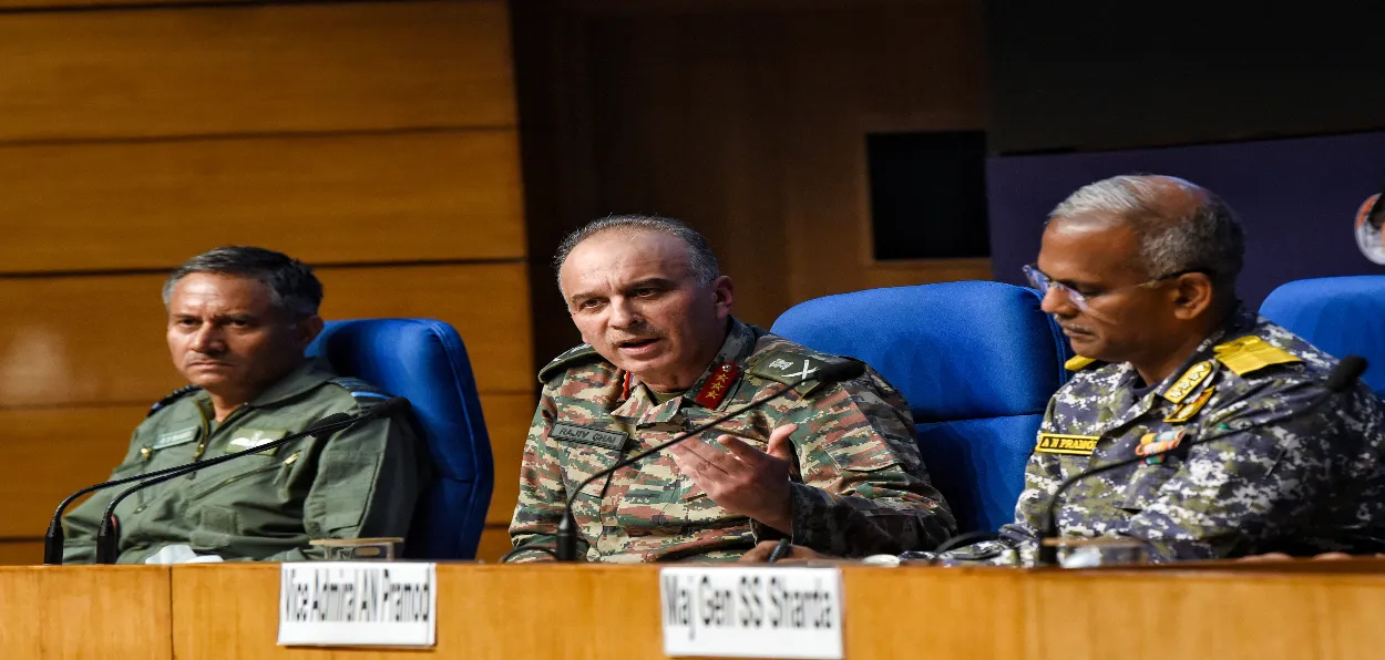 Air Marshal A K Bharti. DGMO Lt General Rajeev Ghai and  Vice Admiral AN Pramod during the press conference on Operation Sindoor, in New Delhi