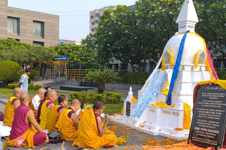 Monks hold prayers on Buddha Purnima, the Gorsam Chorten Stupa, at Buddha Smriti Park, Patna, Bihar