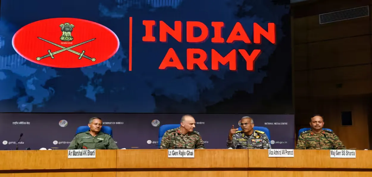 DGMO Lt Gen Raji Ghai, Air Marshal A K Bharti, and Vice Admiral AN Pramod