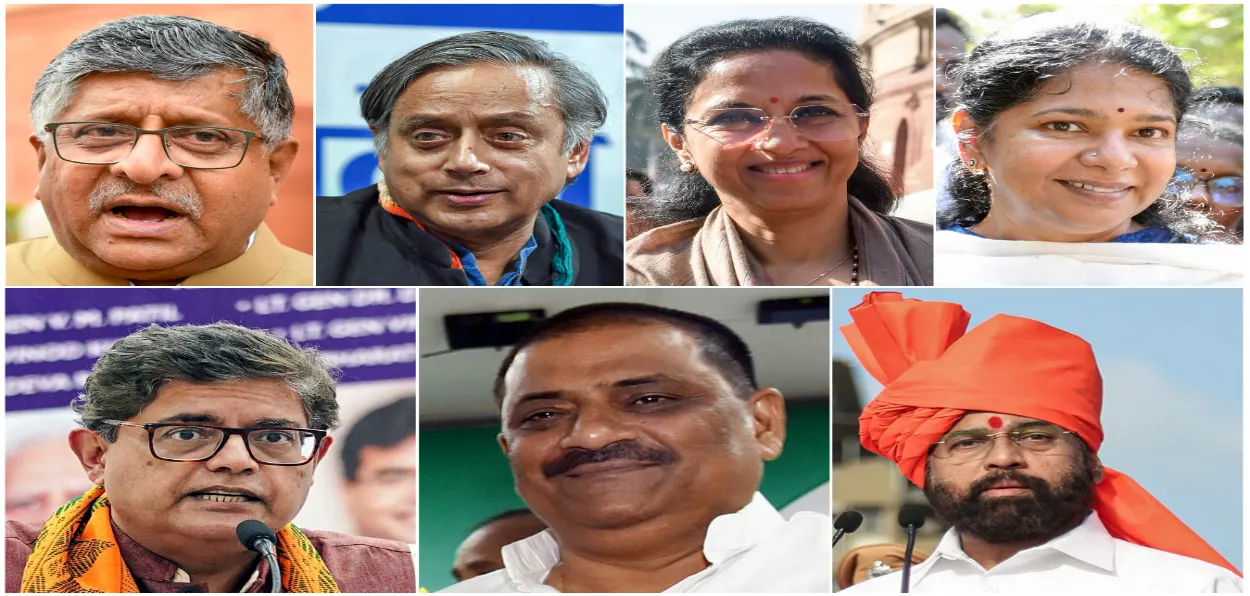 Leaders leading delegations:(Clockwise) Ravi Shankar Prasad, Shashi Tharoor, Supriya Sule, Kanimozhi Karunanidhi, Shrikant Eknath Shinde, Sanjay Kumar Jha, Baijayant Panda