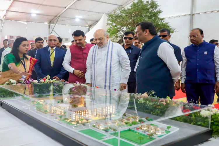 Amit Shah and Nitin Gadkari with Maharashtra Chief Minister Devendra Fadnavis during the foundation stone laying of National Forensic Science University's Nagpur campus