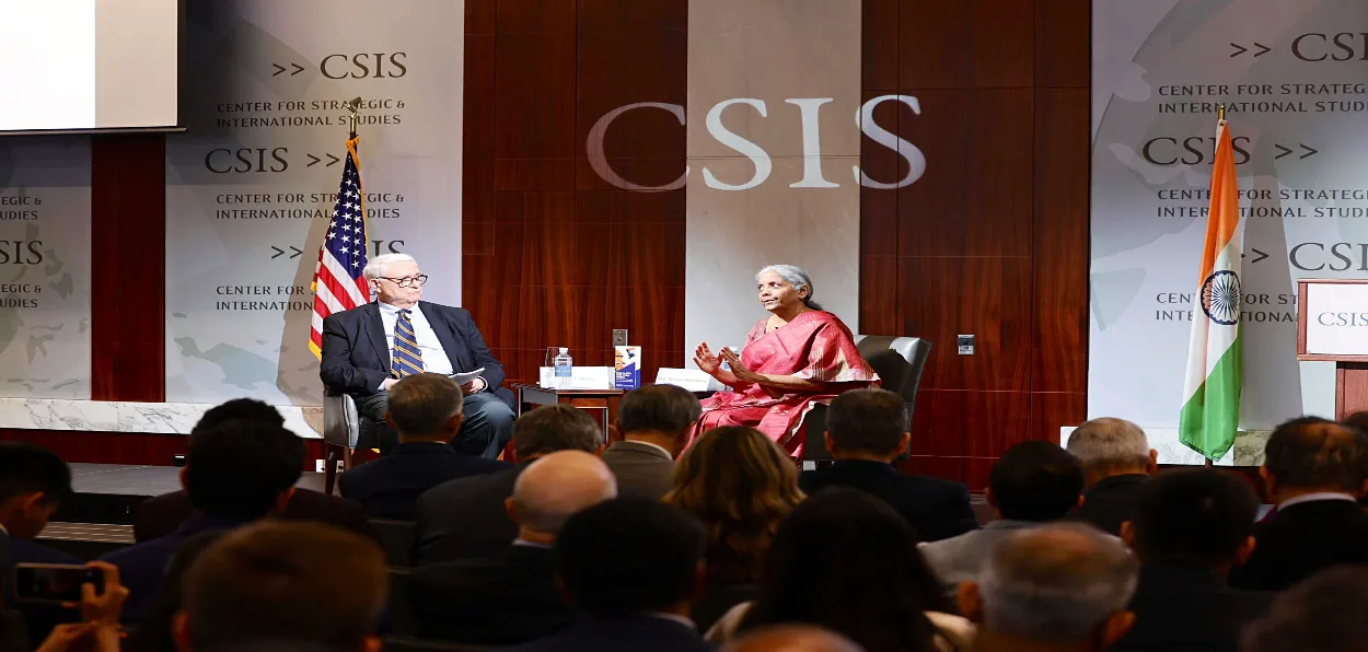 Union Finance Minister Nirmala Sitharaman with John J Hamre, President, Center for Strategic and International Studies (CSIS), Washington, discussing Indian economy