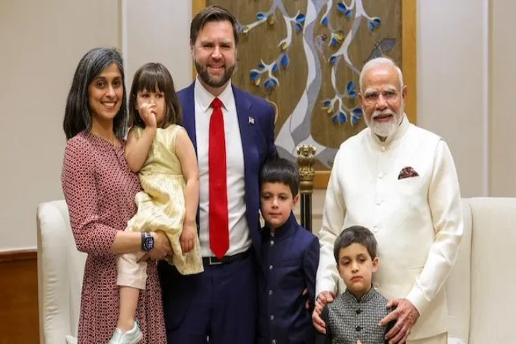 Prime Minister Narendra Modi with the US Vice President J>D Vance, his wife Usha Vance and their children in New Delhi