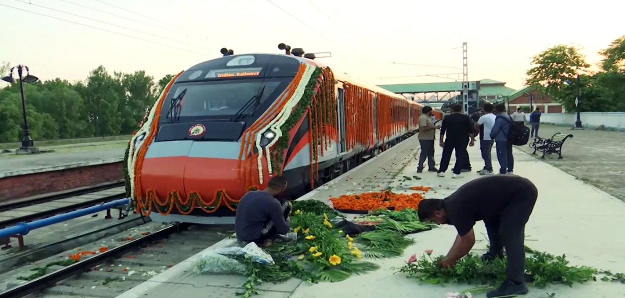 Preparations underway at the Srinagar railway station for virtual inauguration of the Vande Bharat train services by Prime Minister Narendra Modi