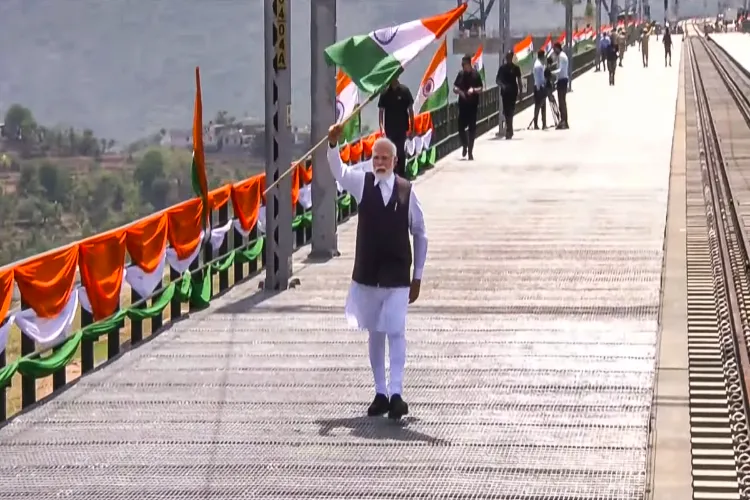 Prime Minister Narendra Modi visits the deck of Chenab Bridge, the world's highest railway arch bridge