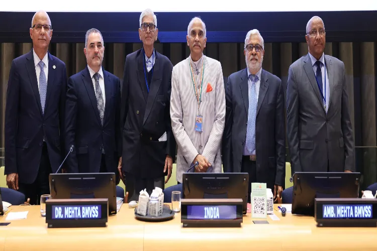 Founder D R Mehta, President Satish Mehta and chief patron of Bhagwan Mahaveer Viklang Sahayata Samiti (BMVSS) at the UN session in disability in New York