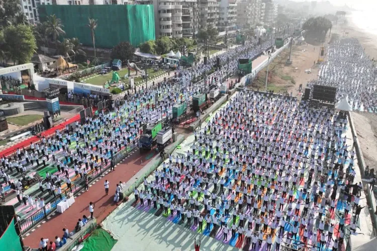 An aerial view of International Yoga Day at Vishakhapattanam