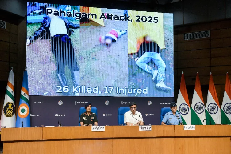 The victims of Pahalgam terrorist strike on the screen as briefing for Operation Sindoor is going on in Delhi