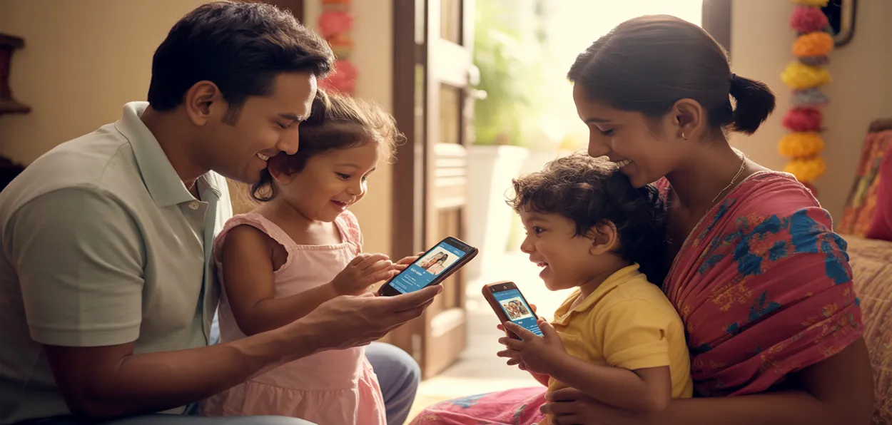 AI generated image of parents with children havingmobiles phones in their hands