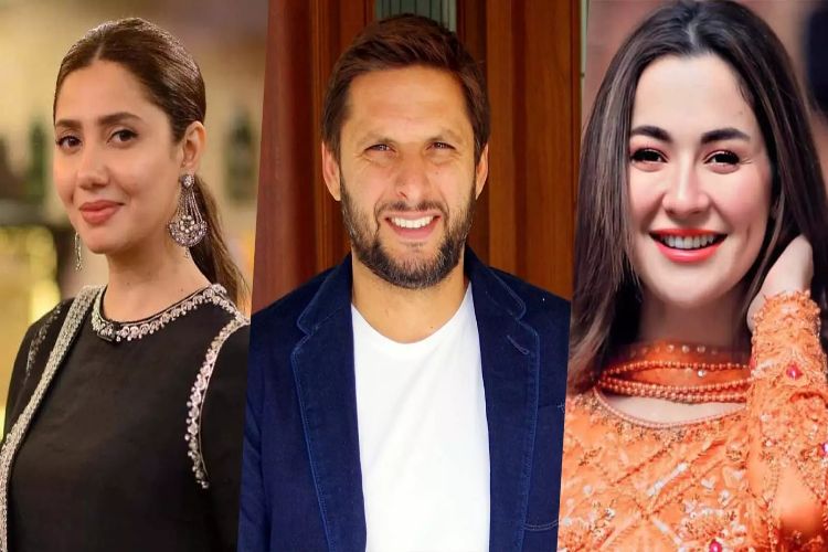 Pakistani actors Mahira Khan (Left) and Hania Aamir (Right); cricketer Shahid Afridi (middle)