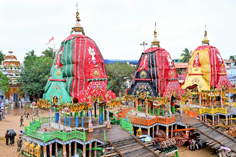 Puri: The chariots of Lord Jagannath, Lord Balabhadra and Goddess Subhadra before the 'Bahuda Yatra', the return journey of the trinity