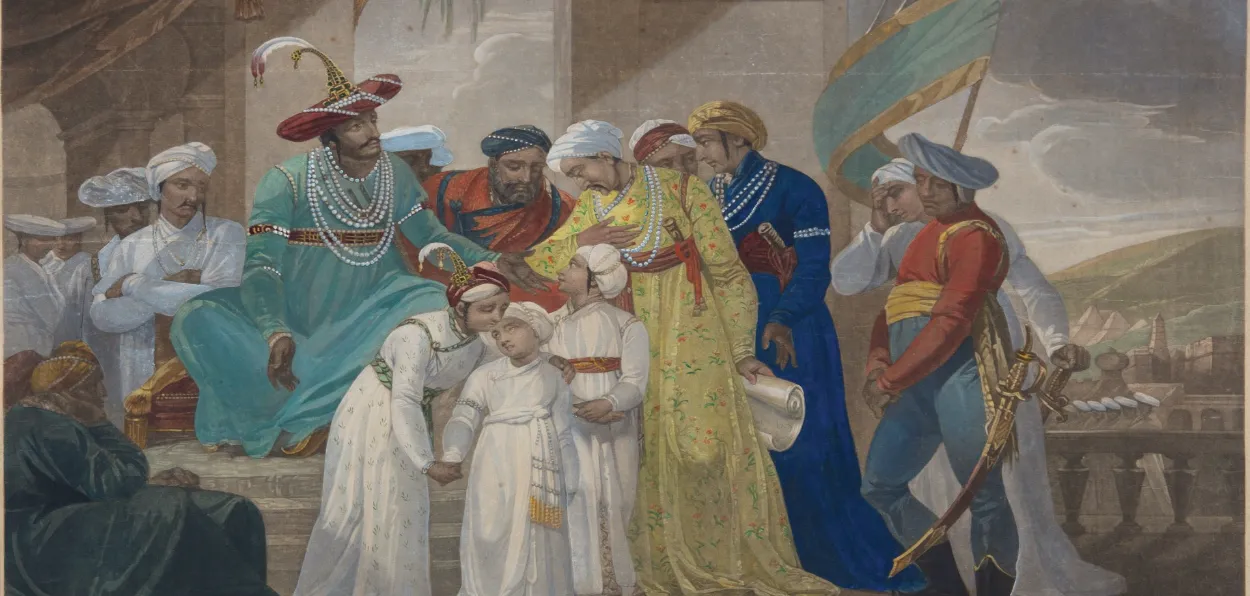 Tippoo Sultaun delivering to Gullum Alli Beg the Vakeel his sons who are taking leave of their brother previous to their departure from Seringapatam (1793) Painting by Henry Singleton